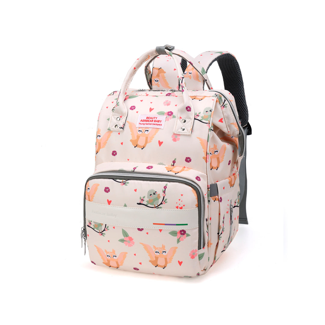 Pañalera Estampada tipo morral con bolsillos térmicos y bolsillo trasero Beige / Búhos