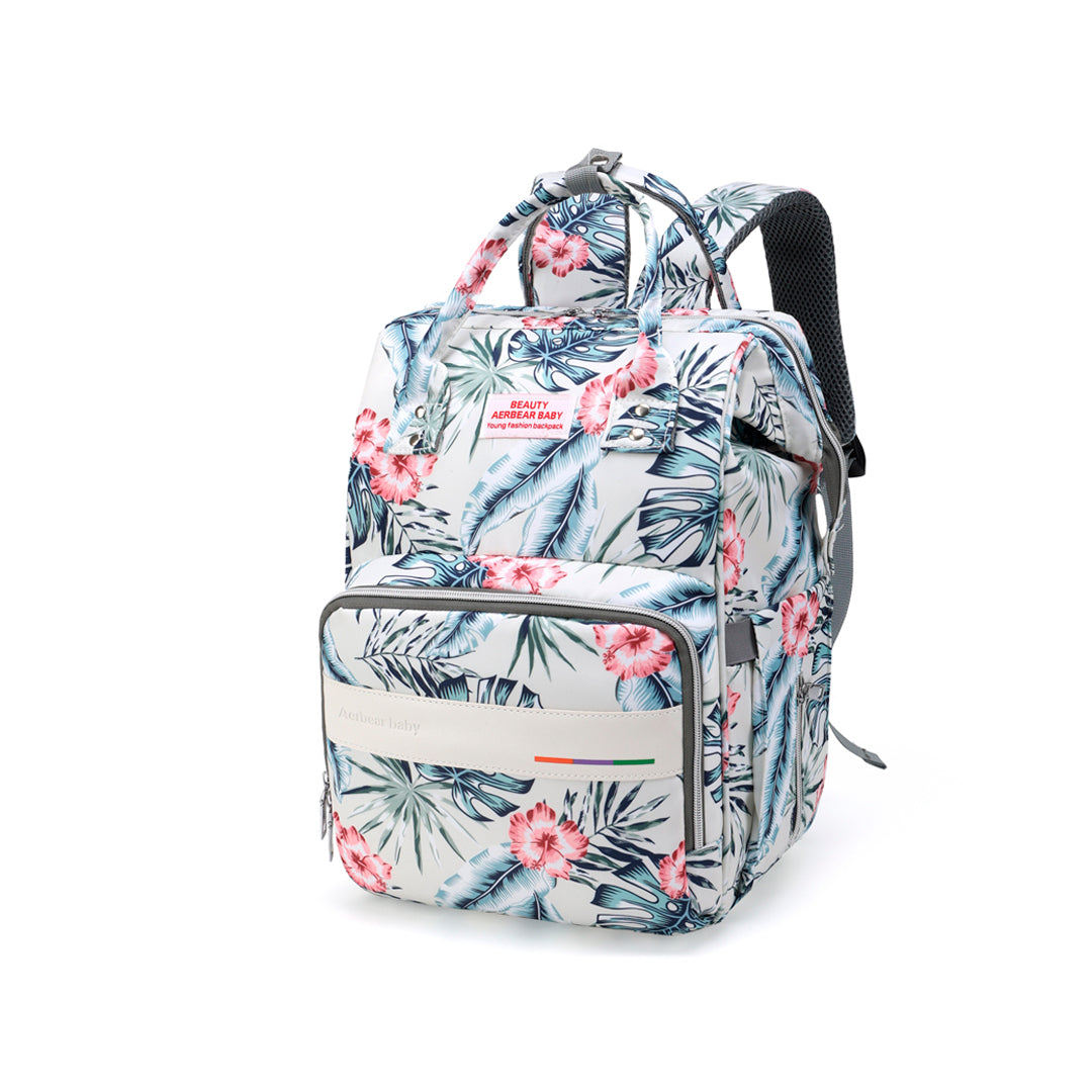 Pañalera Estampada tipo morral con bolsillos térmicos y bolsillo trasero Gris / Flores