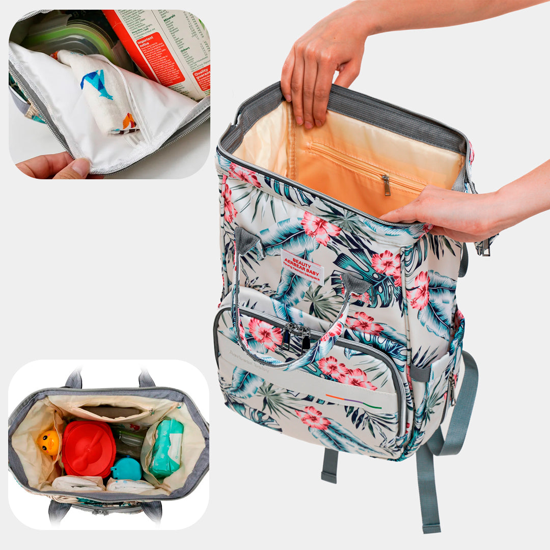 Pañalera Estampada tipo morral con bolsillos térmicos y bolsillo trasero