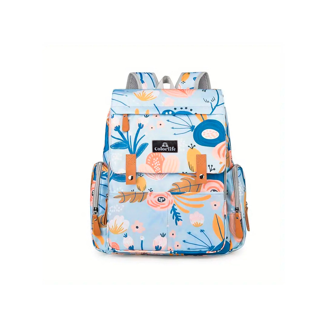 Pañalera solapa con diseño estampado, de gran capacidad, con bolsillo térmico y soporte para coche - Color&Life Celeste flores