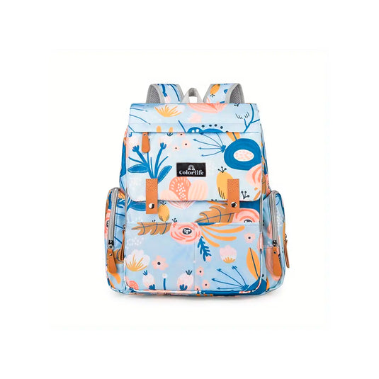 Pañalera solapa con diseño estampado, de gran capacidad, con bolsillo térmico y soporte para coche - Color&Life Celeste flores