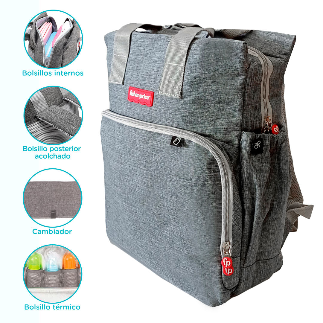 Pañalera tipo morral con cambiador para bebé, multifuncional, de 11 bolsillos, espaldar ajustable, hecha en material de alta calidad - Fisher Price