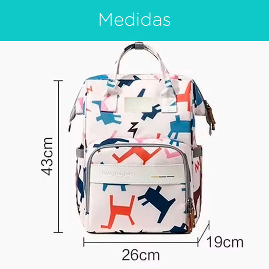 Pañalera multifuncional blanca con estampado, bolso tipo morral, cuenta con múltiples bolsillos indienprdientes, bolsillos térmicos, correas ajustables, amplio almacenamiento - Color & Life