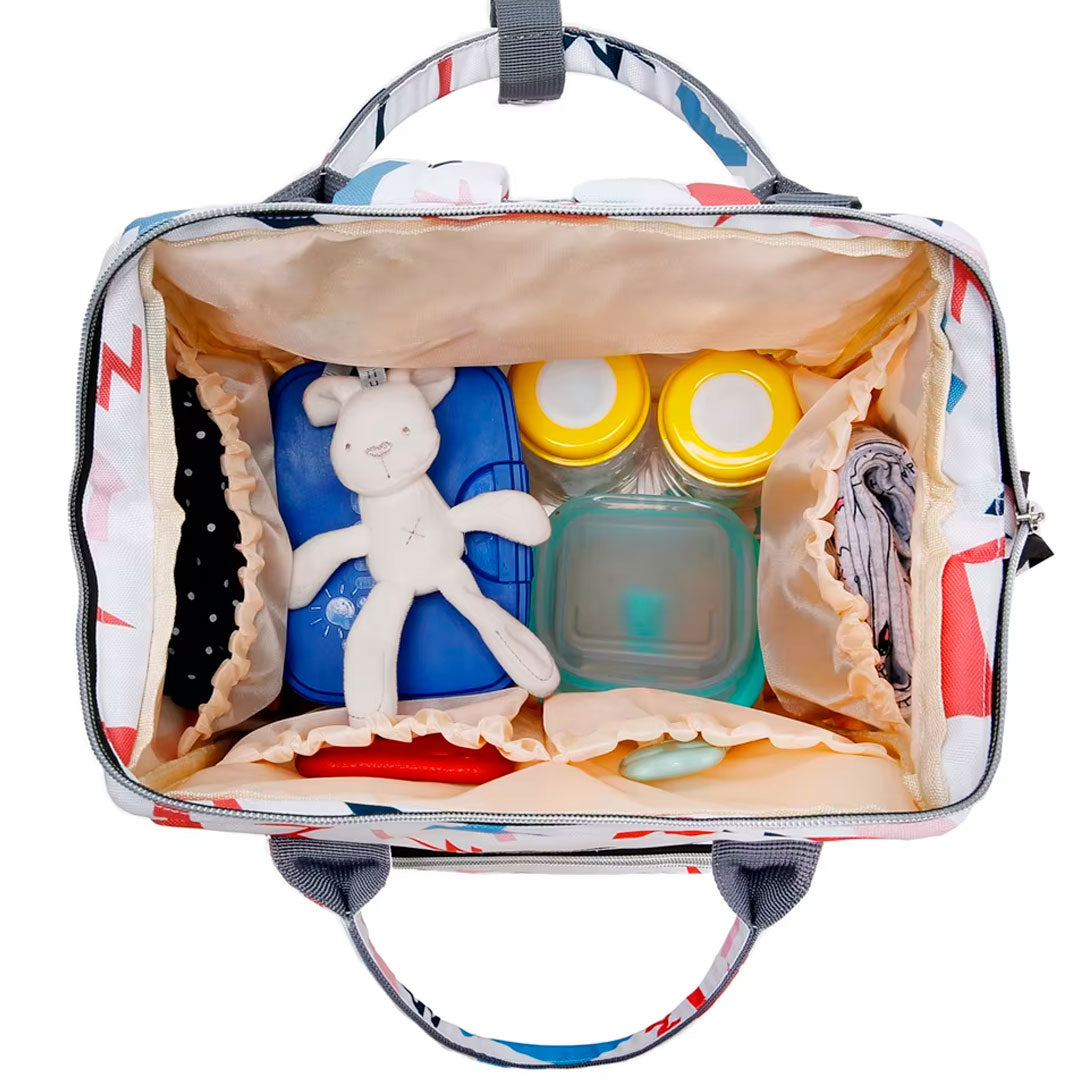 Pañalera multifuncional blanca con estampado, bolso tipo morral, cuenta con múltiples bolsillos indienprdientes, bolsillos térmicos, correas ajustables, amplio almacenamiento - Color & Life