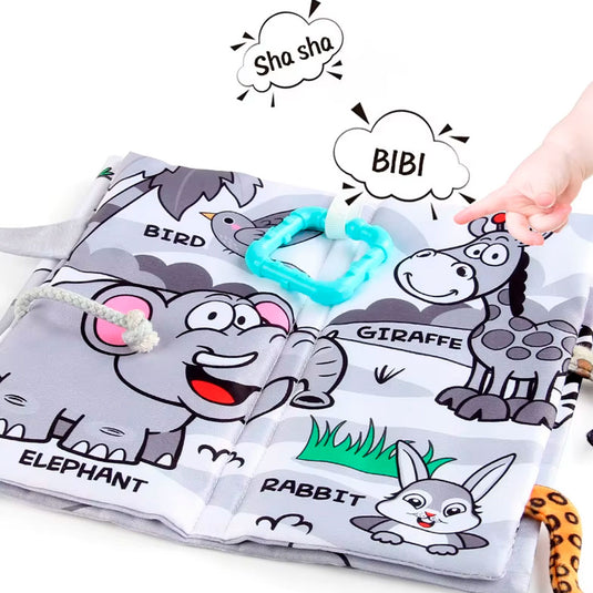 Libro sensorial de tela de contraste para bebé, con diferentes texturas y sonidos al tacto, hecho en material suave e hipoalergénico