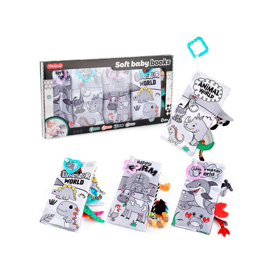 Paquete x4 libros sensoriales de tela de contraste, con diferentes texturas y sonidos al tacto, hecho en material suave e hipoalergénico