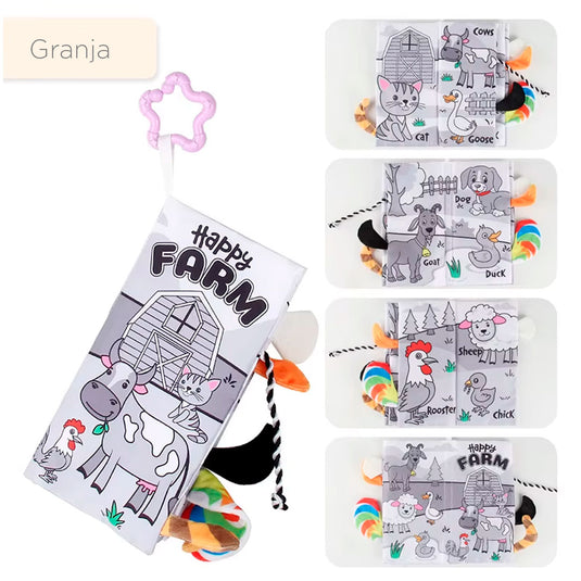 Libro sensorial de tela de contraste para bebé, con diferentes texturas y sonidos al tacto, hecho en material suave e hipoalergénico