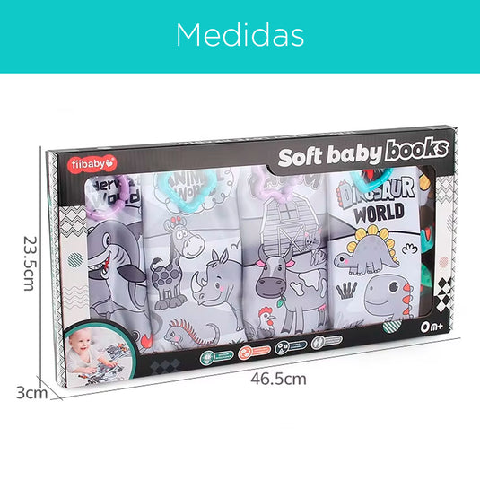 Paquete x4 libros sensoriales de tela de contraste, con diferentes texturas y sonidos al tacto, hecho en material suave e hipoalergénico