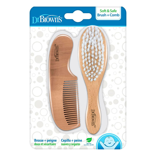 Set de peine y cepillo en madera para bebé, con cerdas suaves pero lo suficientemente fuerte para todo tipo de cabellos, ideal para su crecimiento - Dr Brown's