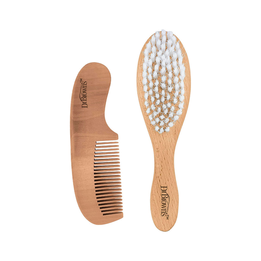 Set de peine y cepillo en madera para bebé, con cerdas suaves pero lo suficientemente fuerte para todo tipo de cabellos, ideal para su crecimiento - Dr Brown's