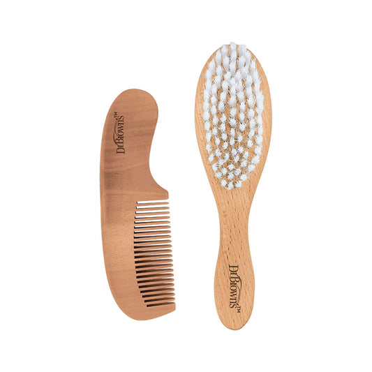 Set de peine y cepillo en madera para bebé, con cerdas suaves pero lo suficientemente fuerte para todo tipo de cabellos, ideal para su crecimiento - Dr Brown's