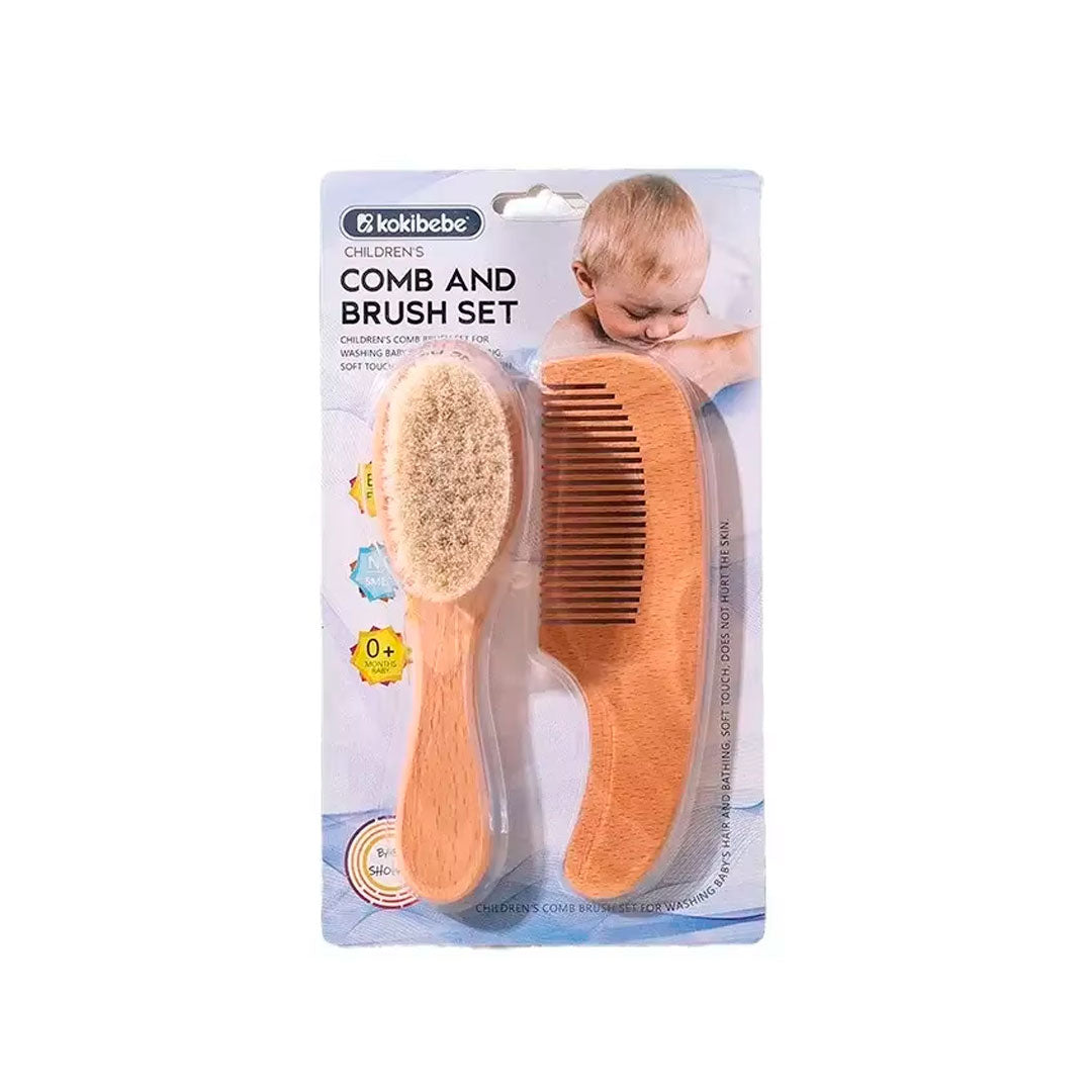 Set x2 piezas de peine y cepillo en bambú para bebé, juego para el cuidado del cabello, con mango ergonómico, hecho en madera suave - Kokibebe