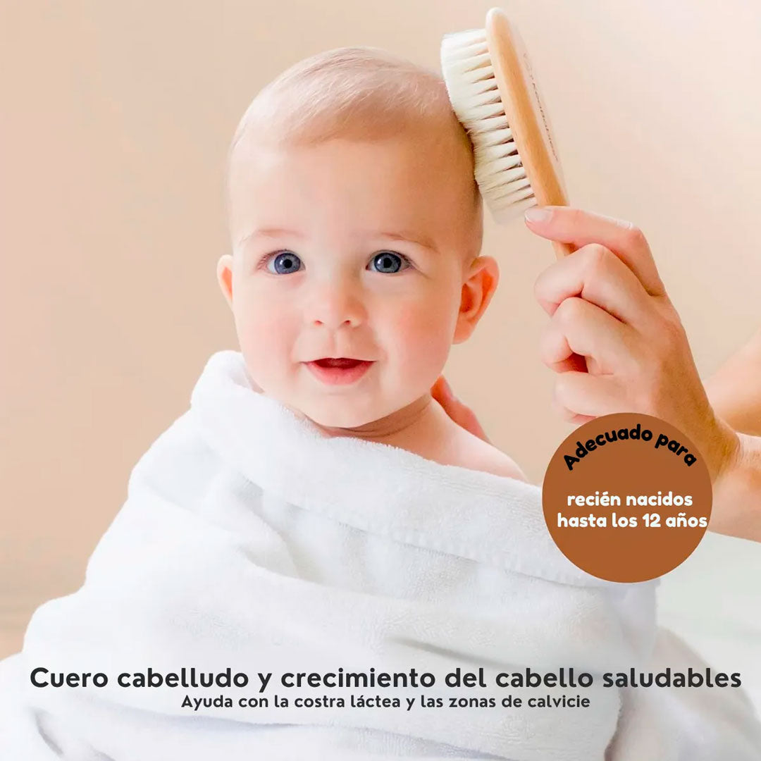 Set x2 piezas de peine y cepillo en bambú para bebé, juego para el cuidado del cabello, con mango ergonómico, hecho en madera suave - Kokibebe