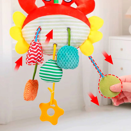 Peluche cangrejo sensorial con función de móvil colgante, juego de estimulación, ideal para llevar contigo o colgar del coche, múltiples texturas de estimulación sensorial