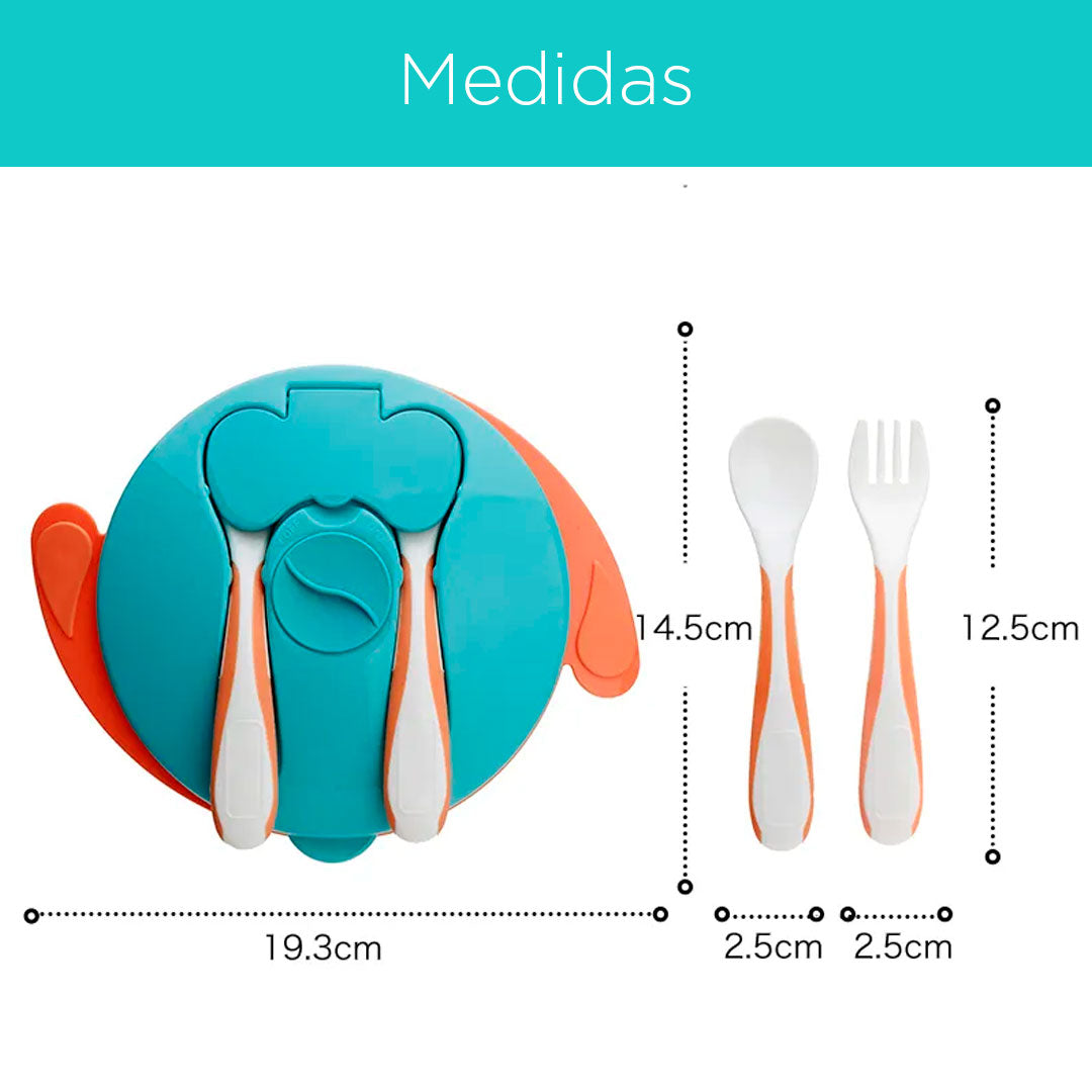 Set de vajilla que incluye cubiertos y tapa, con base de succión, desmontable para facilitar su limpieza, tapa para guardar los cubiertos - Mumlove