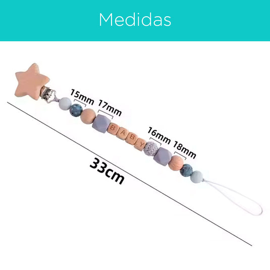 Portachupas con detalles en madera tallada para bebé, con figura de adorno en el gancho, cadena libre de BPA para chupete, soporte en clip para la ropa - Only Baby