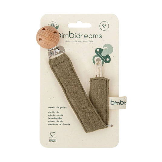Portachupas en tela con adorno en madera para bebés, sujetachupas en poliéster, clip para pegarlo a la ropa, diseño resistente y compacto ideal para el día a día - Bimbidreams