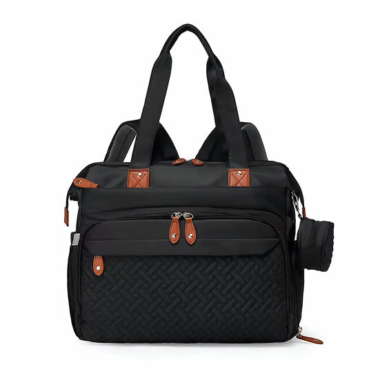 Pañalera bolso de mamá de gran capacidad, con panel tejido, cambiador, portachupos y correa de hombro.