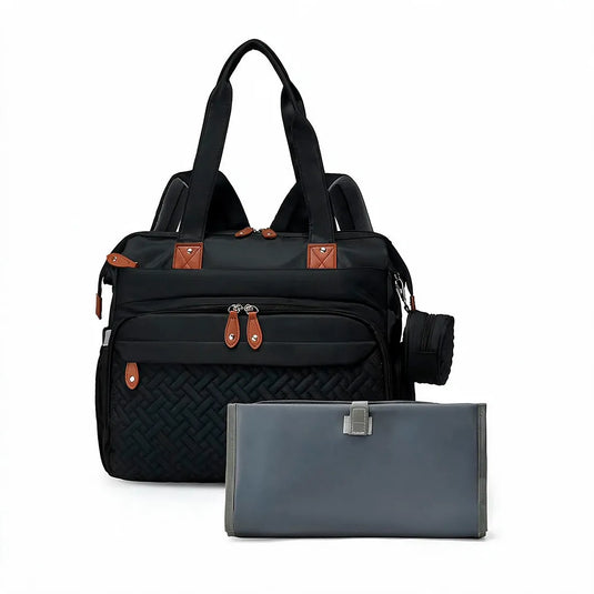 Pañalera bolso de mamá de gran capacidad, con panel tejido, cambiador, portachupos y correa de hombro.