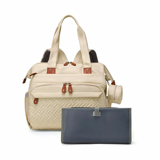 Pañalera bolso de mamá de gran capacidad, con panel tejido, cambiador, portachupos y correa de hombro.