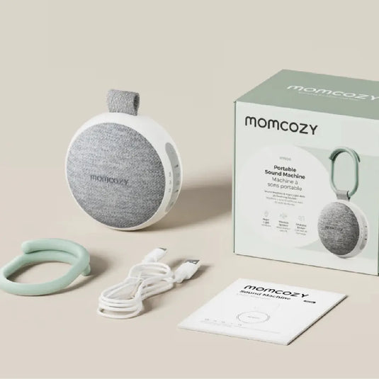 Máquina de ruido blanco portátil para bebé con luz nocturna ámbar, 20 sonidos relajantes, batería de 10 horas, se sujeta a coche, cuna o pañalera - Momcozy