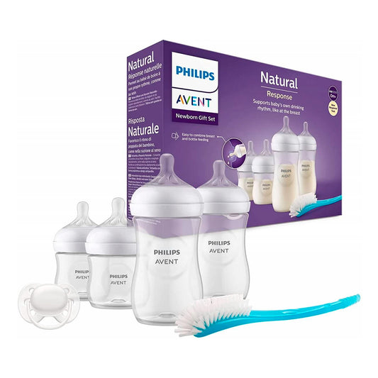 Set de recién nacido, kit de 6 piezas, incluye 4 teteros, cepillo de limpieza y chupa 0 a 6 meses - Philips Avent Natural Response