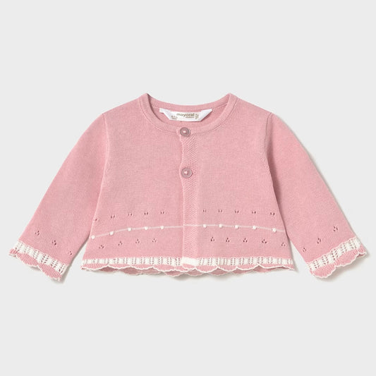 Set 3pz con buzo tejido y panti para bebé, hecho en tela ligera y cómoda, blusa blanca con cuello, buzo rosa con detalles bordados - Mayoral