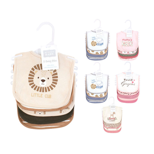 Paquete x5 baberos en algodón para bebé, ajustable por botones a presión, con diseños coloridos variados, fácil de limpiar, absorbente - Hudson Baby