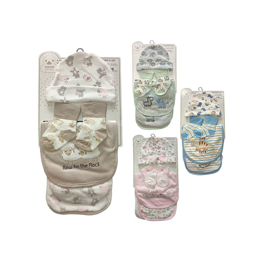 Set 4pz con babero, babita, gorro y medias a juego para bebé, hechos en algodón hipoalergénico, babero absorbente, con diseño estampado