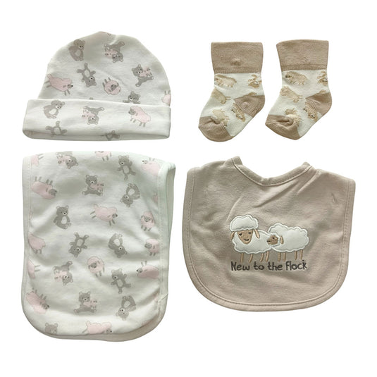 Set 4pz con babero, babita, gorro y medias a juego para bebé, hechos en algodón hipoalergénico, babero absorbente, con diseño estampado