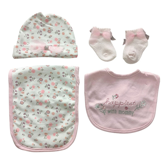 Set 4pz con babero, babita, gorro y medias a juego para bebé, hechos en algodón hipoalergénico, babero absorbente, con diseño estampado