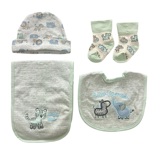 Set 4pz con babero, babita, gorro y medias a juego para bebé, hechos en algodón hipoalergénico, babero absorbente, con diseño estampado