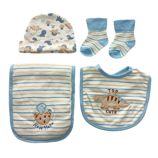 Set 4pz con babero, babita, gorro y medias a juego para bebé, hechos en algodón hipoalergénico, babero absorbente, con diseño estampado
