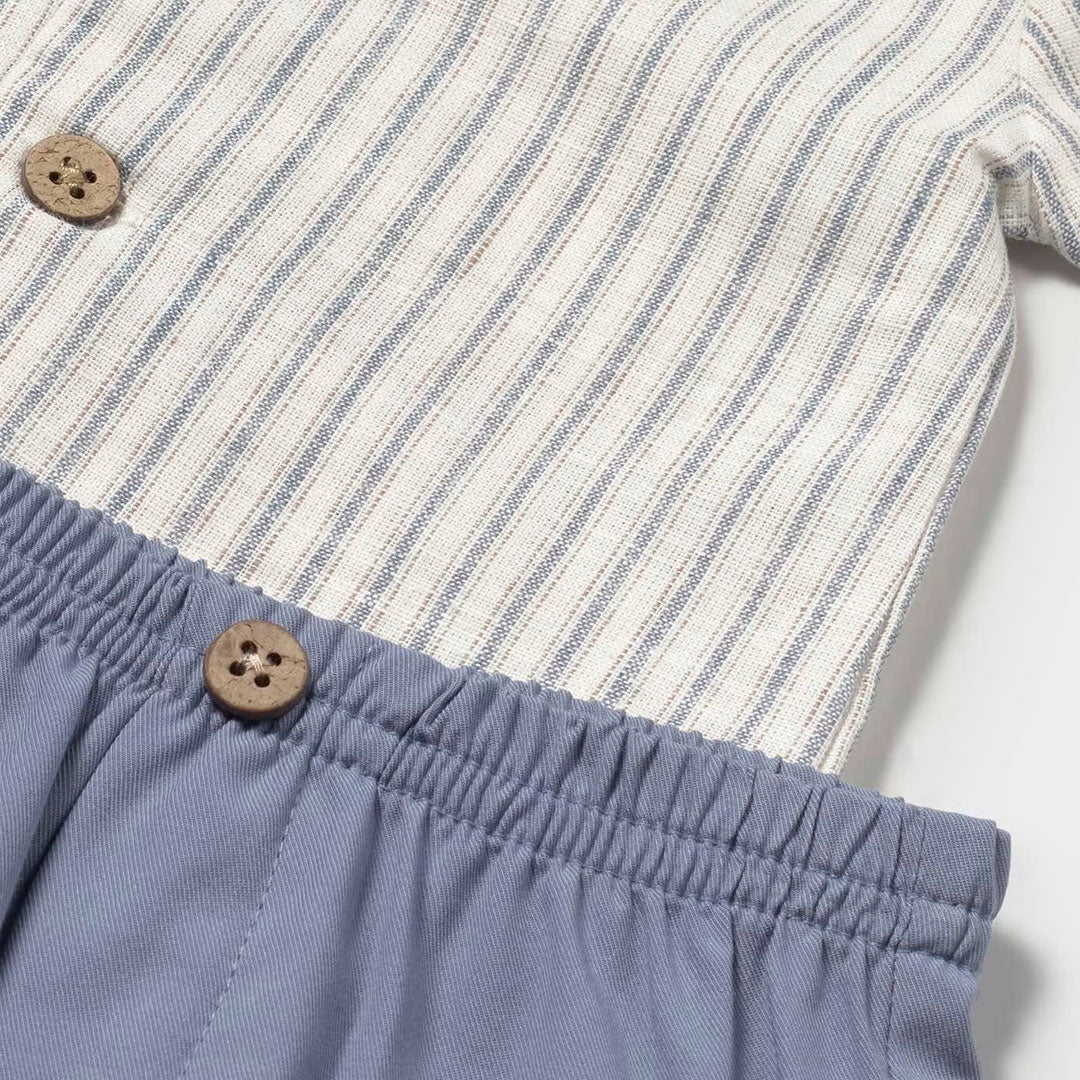 Conjunto de 3pz camisa manga corta a rayas, camiseta blanca en tela ligera y transpirable, short con resorte en cadera, colores suaves para el calor - Mayoral