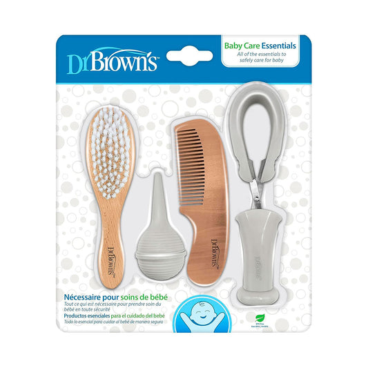 Kit esencial de 4pz para el cuidado del bebé, con tijeras punta redonda para las uñas, cepillo para el cabello, peine con cerdas redondas, aspirador nasal en silicona, 100% libre de BPA - Dr Brown's