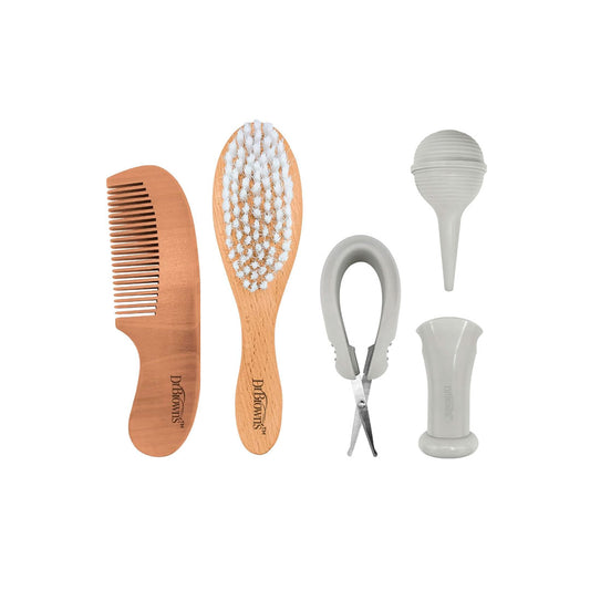 Kit esencial de 4pz para el cuidado del bebé, con tijeras punta redonda para las uñas, cepillo para el cabello, peine con cerdas redondas, aspirador nasal en silicona, 100% libre de BPA - Dr Brown's