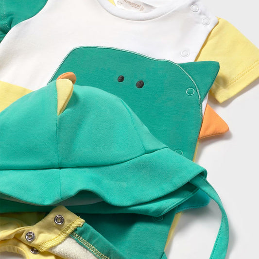 Set mameluco enterizo con diseño dinosaurio y gorrito, ajuste por botones laterales, adorable diseño y colores llamativos, gorro ajustable - Mayoral
