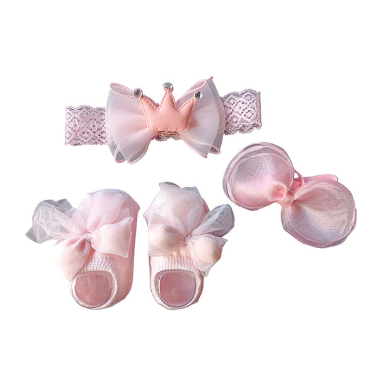 Set x3 unidades con par de medias y balacas para niña, par de calcetines a juego, con textura antideslizante en la suela, lazos de encaje para el cabello con adornos - Color & Life
