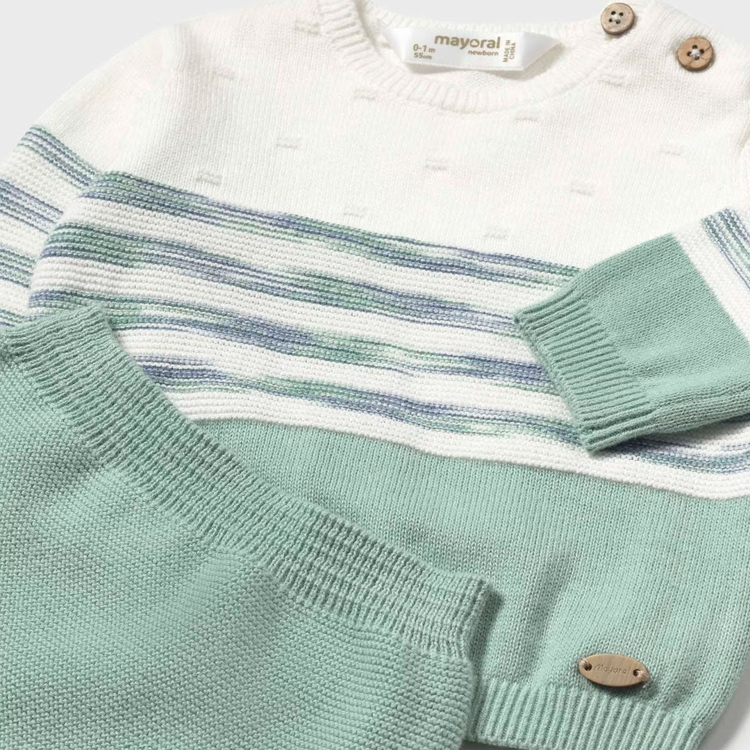 Conjunto tejido con diseño a rayas para recién nacido, pantalón con pies cerrados, con detalles bordados, talla pequeña para primer día - Mayoral