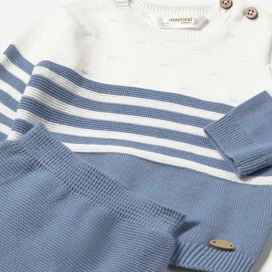 Conjunto tejido con diseño a rayas para recién nacido, pantalón con pies cerrados, con detalles bordados, talla pequeña para primer día - Mayoral