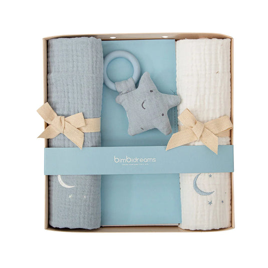 Set regalo de 3pz con 2 gasitas y 1 mordedor de estrella, gasas de muselinas en tela ligera, tejido suave, natural y respirable, mordedor en tela antialérgica en forma de estrellita diseñado para ofrecer suavidad y seguridad  - Bimbidreams