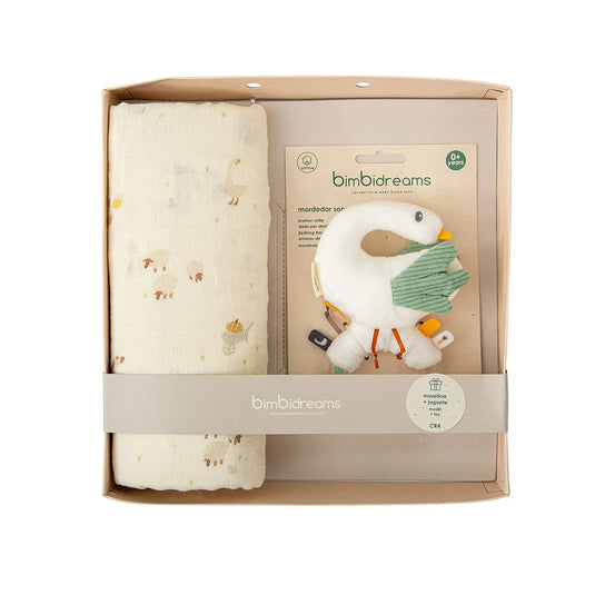 Set de regalo con muselina y mordedor sonajero para bebé, muselina de tela ligera versátil y duradera, sonajero y mordedor en tela antialérgica de un tamaño ideal para el bebé, kit en caja perfecto para regalar - Bimbidreams