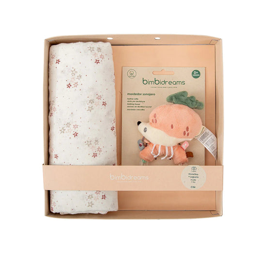 Set de regalo con muselina y mordedor sonajero para bebé, muselina de tela ligera versátil y duradera, sonajero y mordedor en tela antialérgica de un tamaño ideal para el bebé, kit en caja perfecto para regalar - Bimbidreams