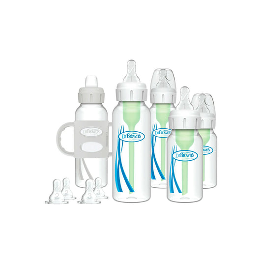 Set de recién nacido teteros Anticólicos Options+ Natural Flow, kit de 14pz con biberones, tetinas repuesto de diferentes etapas, sujetador de teteros en silicona, todo 100% libre de BPA - Dr Brown's