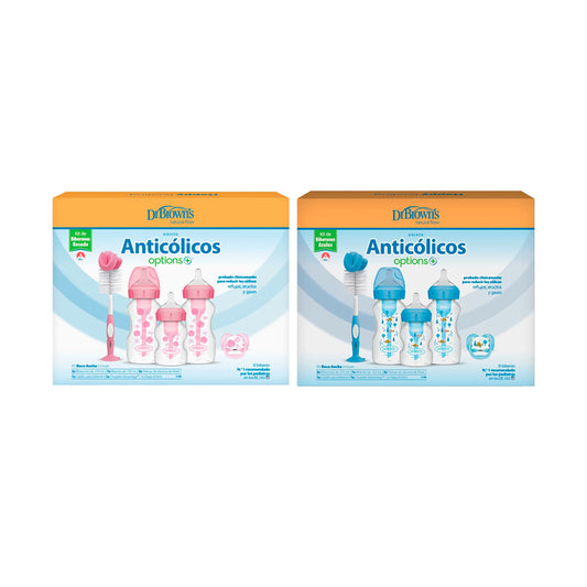 Set regalo 5pz de teteros anticólicos Options+ cepillo y chupa, biberones boca ancha, tetinas de silicona nivel 1, cepillo para lavar teteros, chupa 0-6, diseños estampados - Dr Brown's
