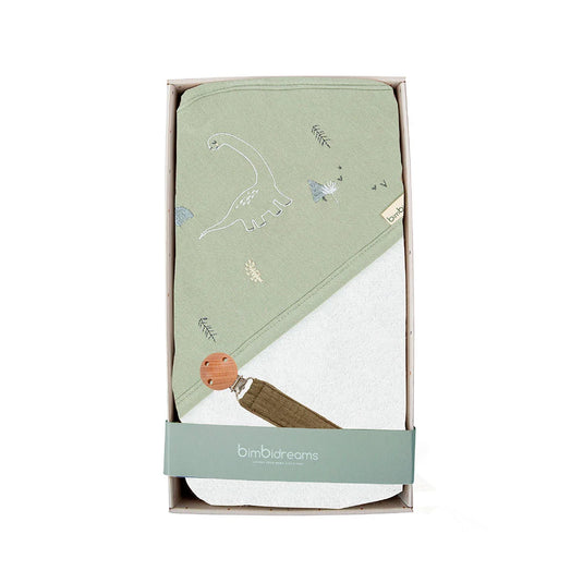 Set de regalo toalla capucha y sujetador, pertenece a la colección Class Dafne de la marca, toalla de gran capacidad de absorción, textura suave al tacto con la piel, sujetador de chupas funcional con clip de sujeción - Bimbidreams