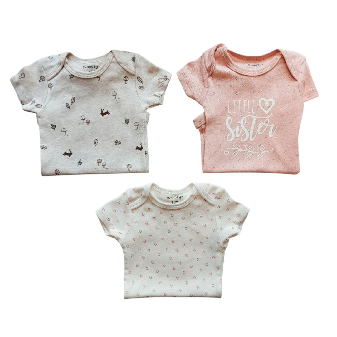 Set x5 mamelucos manga corta con estampado Little Sister, set de ropa para bebé recién nacido, diseños con colores y diseños divertidos, hechos en algodón hipoalergénico