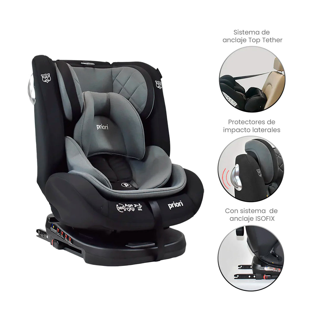 Silla de seguridad 360° para el carro, con posiciones ajustables, cinturón de cinco puntos y cuatro posiciones reclinables - PRIORI