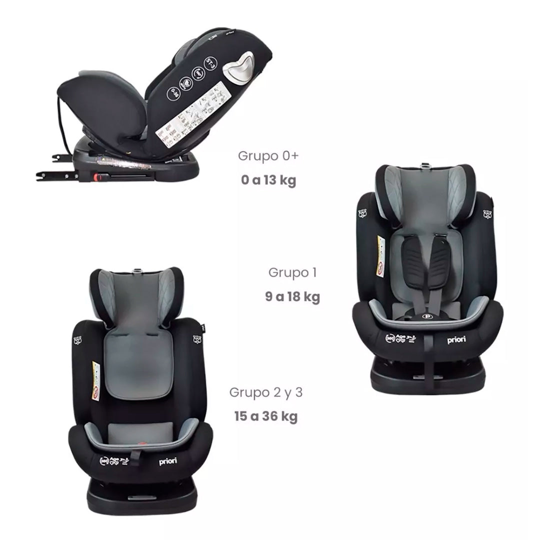 Silla de seguridad 360° para el carro, con posiciones ajustables, cinturón de cinco puntos y cuatro posiciones reclinables - PRIORI