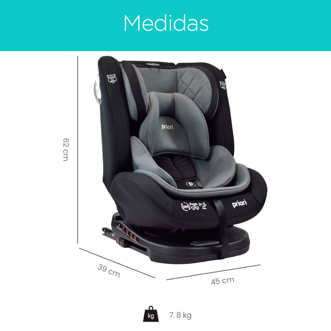 Silla de seguridad 360° para el carro, con posiciones ajustables, cinturón de cinco puntos y cuatro posiciones reclinables - PRIORI